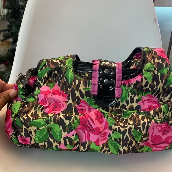 Betsey Johnson Floral Leopard Print Satchel Bag Studded Pink Roses NWOT - Picture 2 of 5